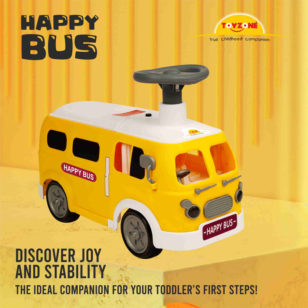 Happy Bus Ride On - Yellow | Toddler Ride-on | Lights & Music | Ride-on with easy storage | Grip wheels | Make in India | Indoor & Outdoor | For Kids 2+ years