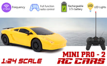 Load image into Gallery viewer, Mini Pro RC Car - Yellow | 27 MHz Fully Functionable | 1:24 Scale | Battery &amp; Charger Cable | Range upto 25m | Luminous Headlight | Perfect Tyre Grip | For Age 4+ Years
