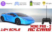 Load image into Gallery viewer, Mini Pro RC Car - Blue | 27 MHz Fully Functionable | 1:24 Scale | Battery &amp; Charger Cable | Range upto 25m | Luminous Headlight | Perfect Tyre Grip | For Age 4+ Years
