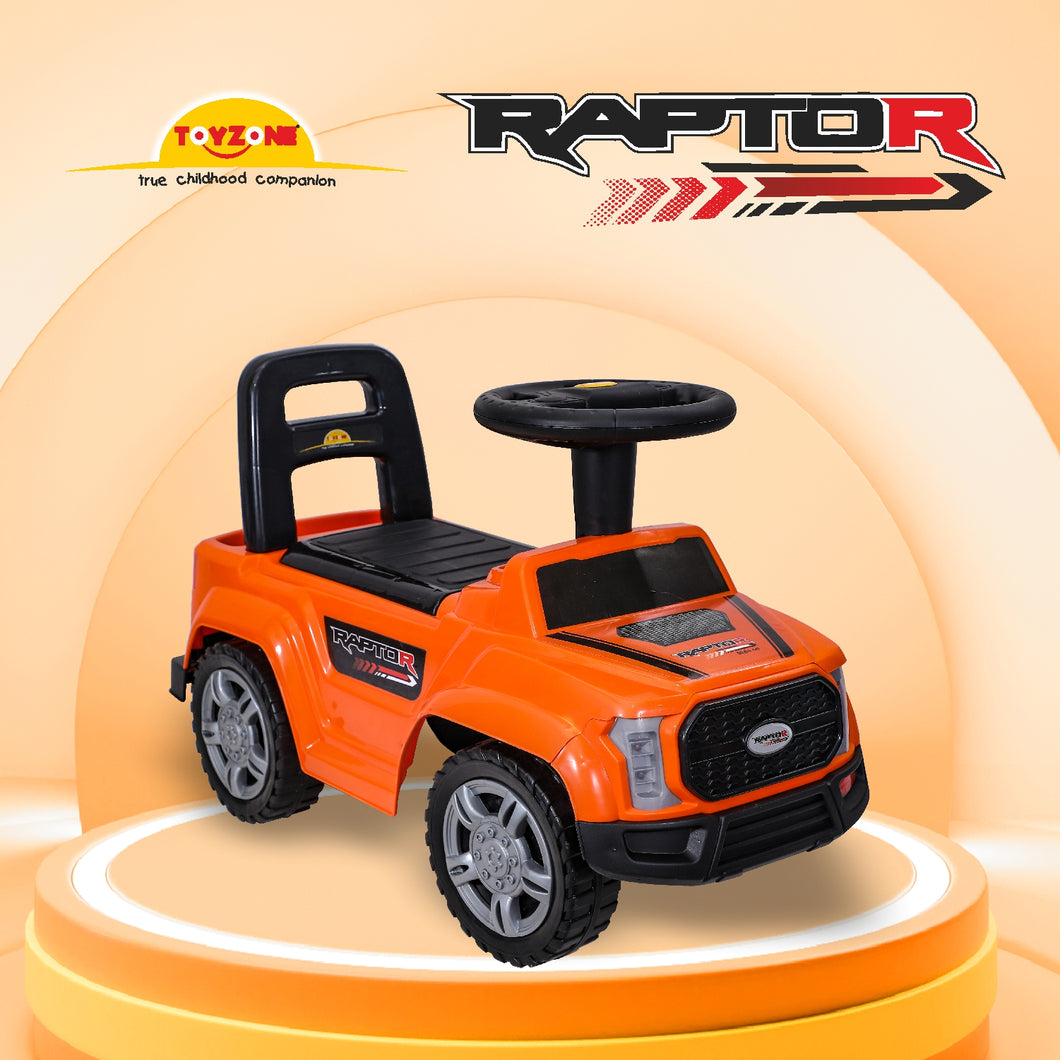 Raptor Ride on - Orange | Car for Kids | Toddlers Push Car with Backrest | Music & LED Light | Under Seat Storage | For kids 2+ Years